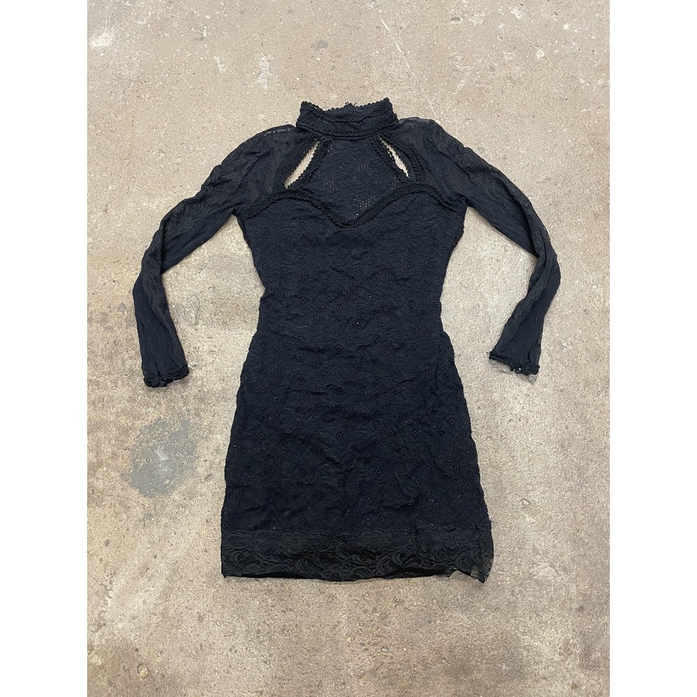 Free People Dress Womens XS Black Lace Bodycon Cutout Mock Neck Long Sleeve